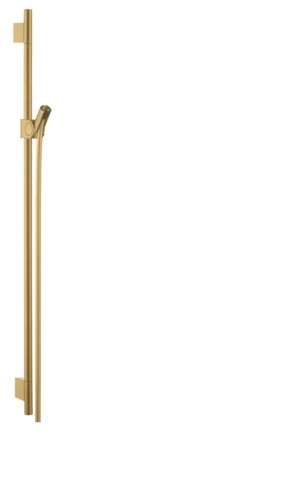 Brausestange aus Edelstahloptik in gebürstetem Gold mit Halterung und Brauseschlauch, geeignet für AXOR-Duschen. Vertikale Anordnung, minimalistisches Design.